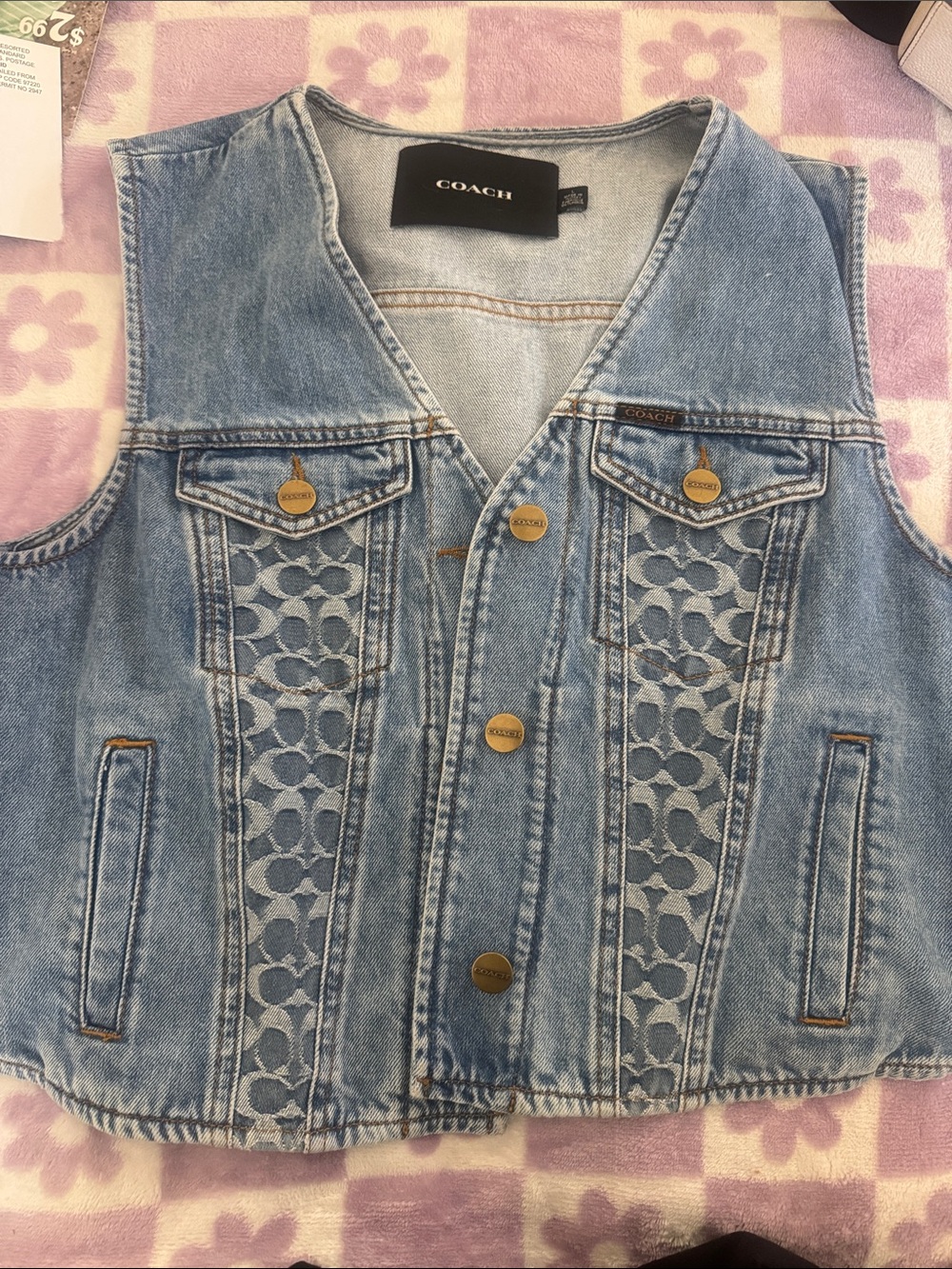 Coach Light Blue Denim Vest with Signature Jacquard Panels